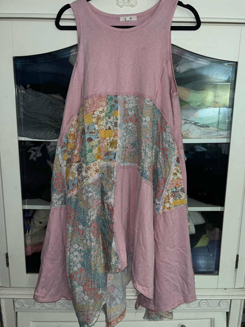 🌸BLUE VELVET size L/XL pink midi tank dress with floral patchwork embellishments